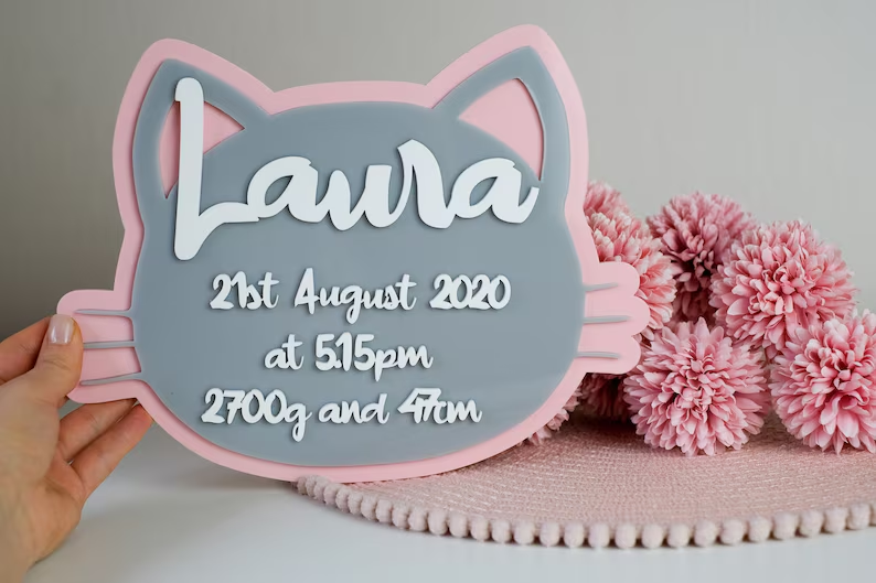 Baby's Birth Details Plaque | Acrylic Nursery Sign - Cat