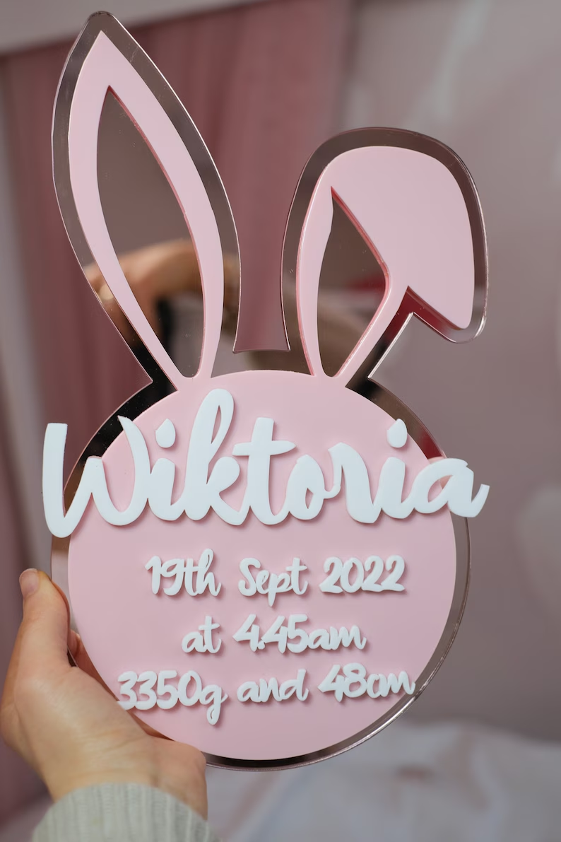 Baby's Birth Details Plaque | Acrylic Nursery Sign - Bunny